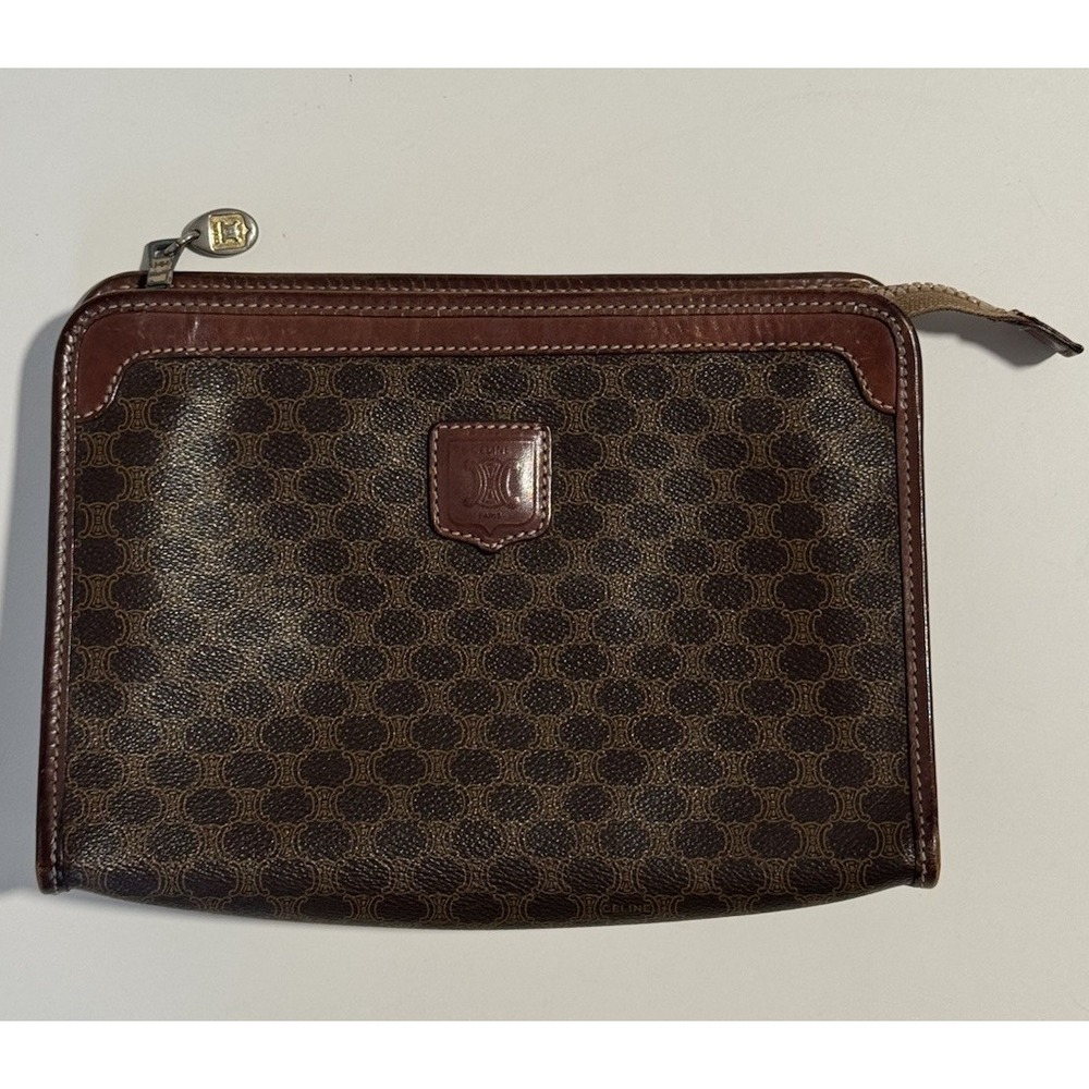 CELINE Triomphe Macadam Leather Clutch Cosmetics Travel Bag Italy Authentic - Picture 2 of 16